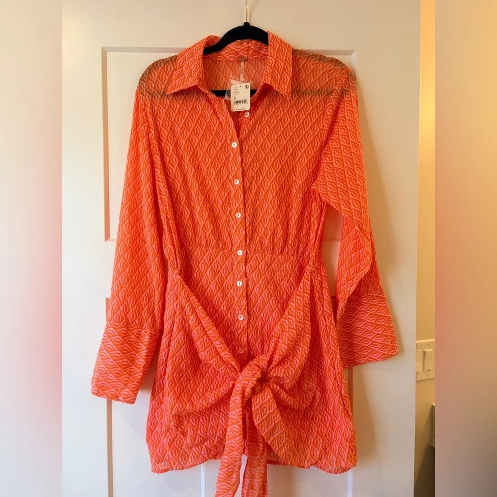 NWT Women $128 Free People Rillo Orange Beach Summer Shirtdress size Small